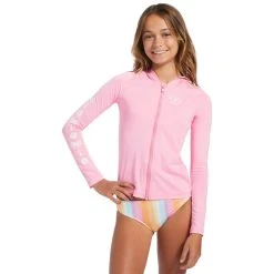 Billabong Girls Surf Daze UPF 50 Long Sleeve Zip-Up Rashguard Pink Daze